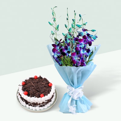 Delightful Orchids and Black Forest Cake Combo